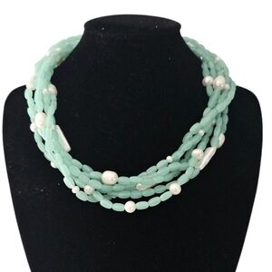 Vintage Sterling Silver Sea Foam Green Chalcedony Chocker Necklace 15.25"